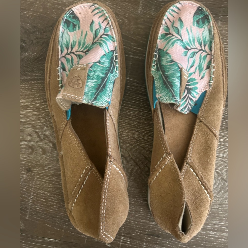 Brown Suede Womens Slip On Sneakers  with Tropical Print